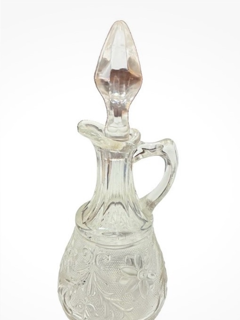 Beautiful RARE Vintage Pressed Cut Glass Cruet & Stopper Flowers 7 5/8" H